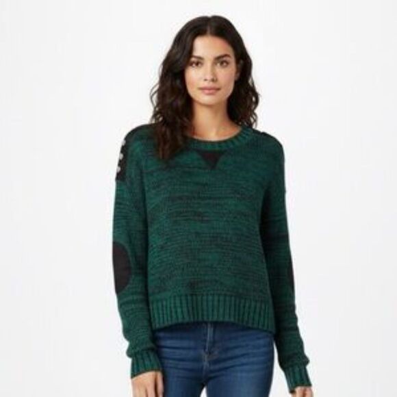 Romeo & Juliet Couture Heather Teal Long Sleeve Sweater Elbow Pads & Studs Small - Picture 1 of 9